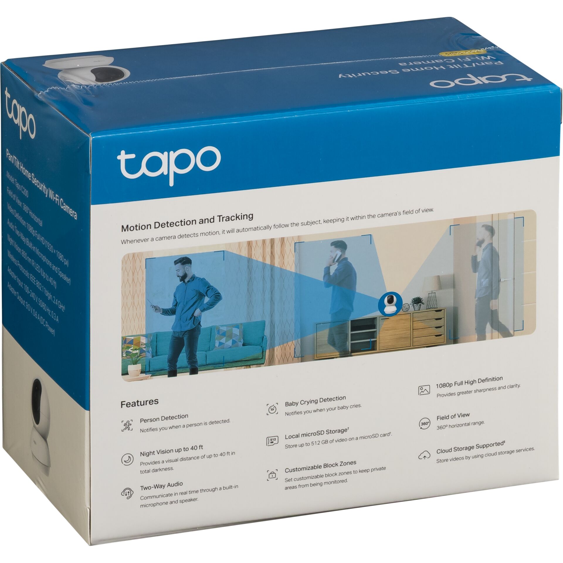 Verpackung der Tapo Sicherheitskamera mit Funktionen wie Personenerkennung, Nachtsicht und Zwei-Wege-Audio