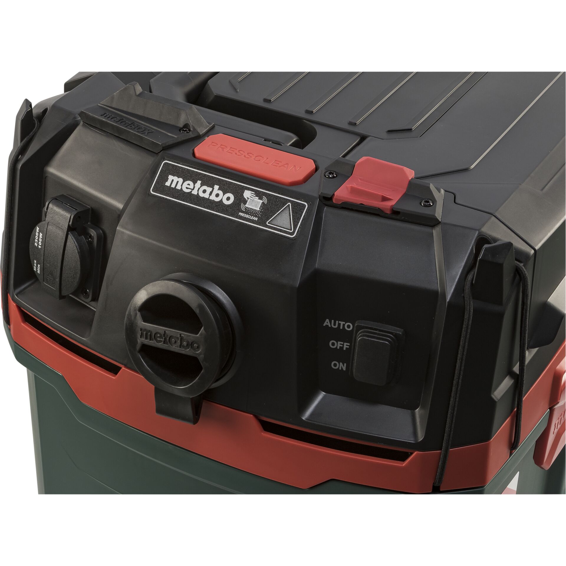 Nahaufnahme eines Metabo Industriesaugers mit PressClean Funktion und Auto/Off/On Schalter