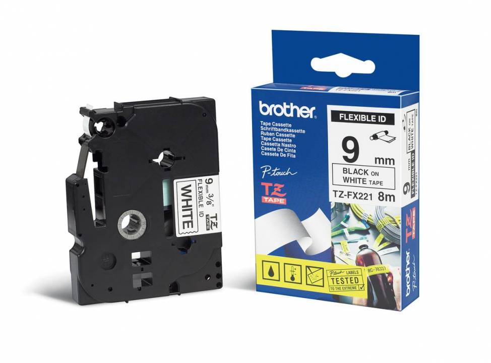 Schriftband TZe-FX221 (lam., flex.) Schwarz auf Weiß 9mm x 8m