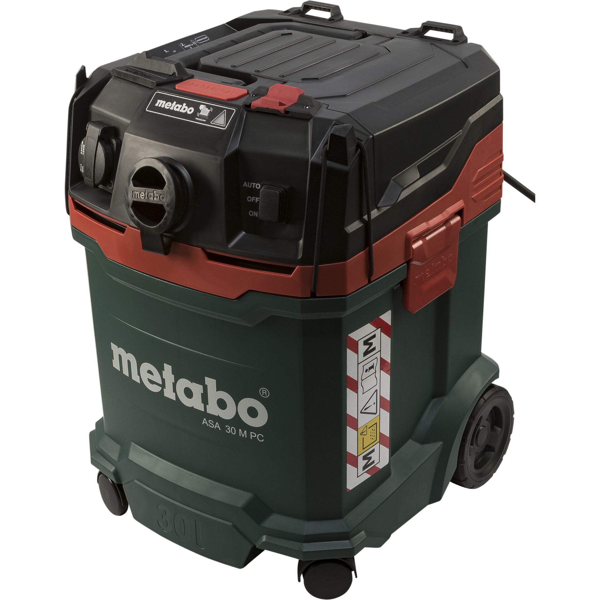 Metabo Industriesauger ASA 30 M PC, grüner Behälter, 30 Liter, auf Rollen mit Bedienknopf.