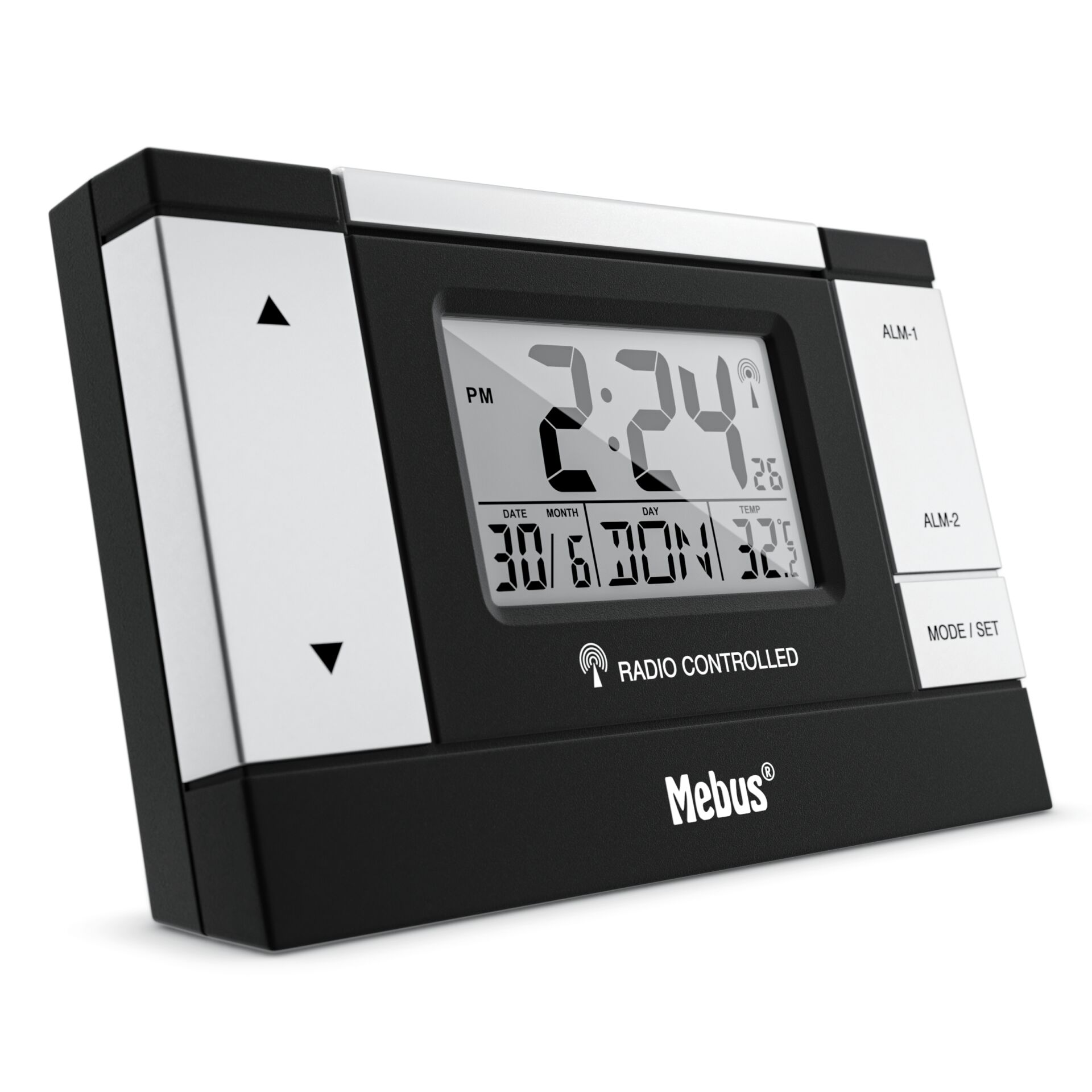 Ein schwarzer digitaler Funkwecker der Marke Mebus mit dualer Alarmfunktion und Temperaturanzeige