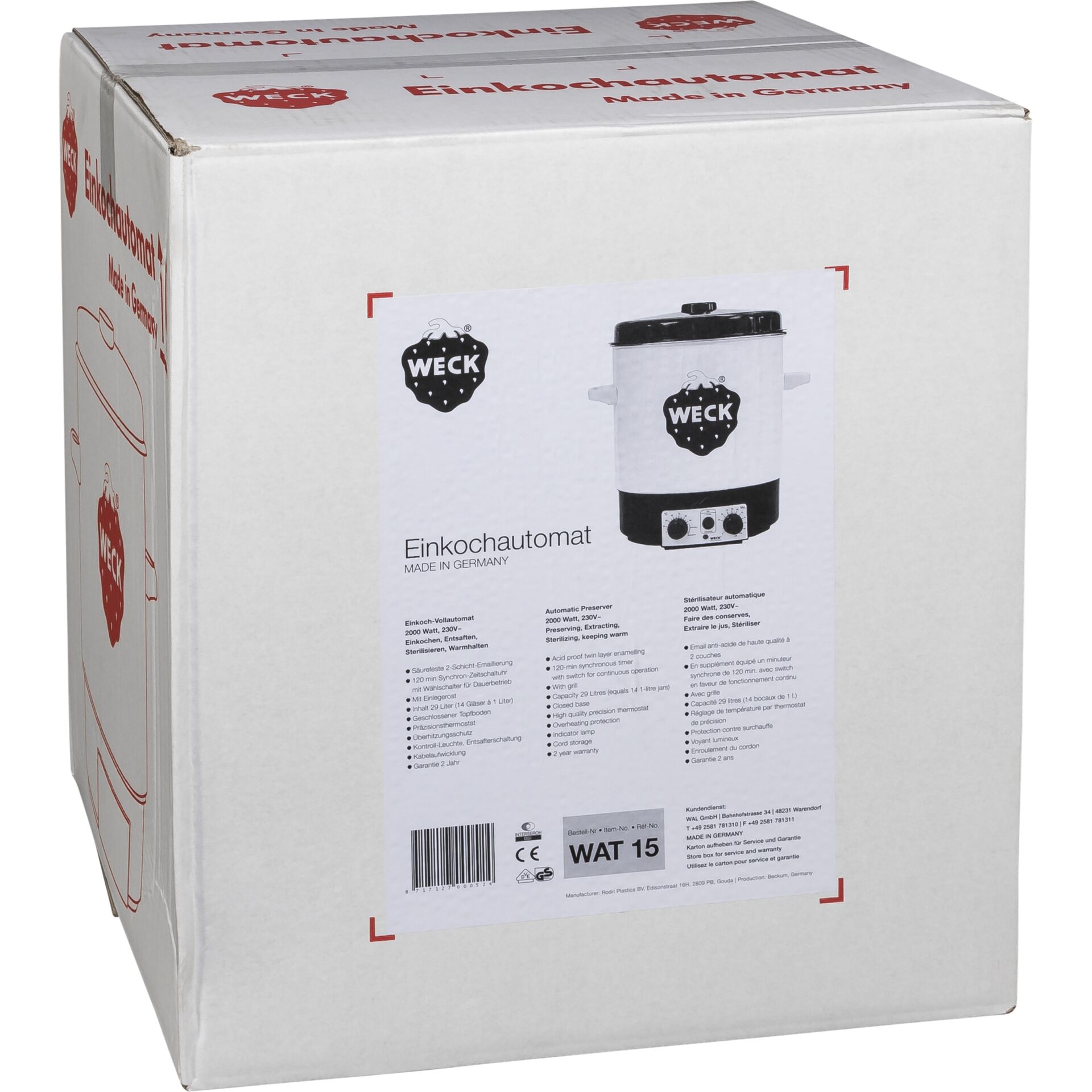 Weck Einkochautomat in Originalverpackung mit Produktbeschreibung auf der Seite.