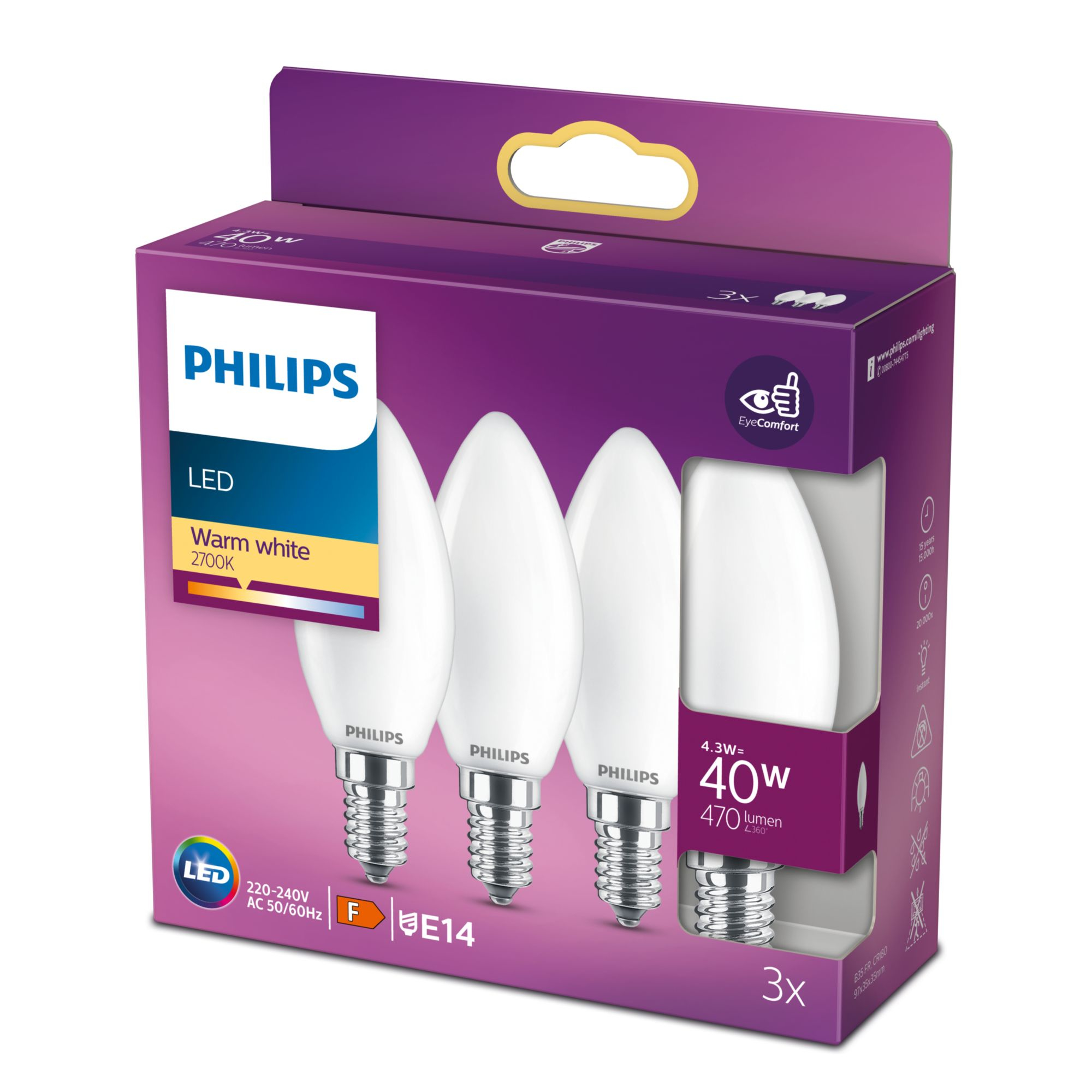 Philips LED classic Lampe 40W E14 Kerze Warmw 470lm matt 3erP 80155136_0772615277