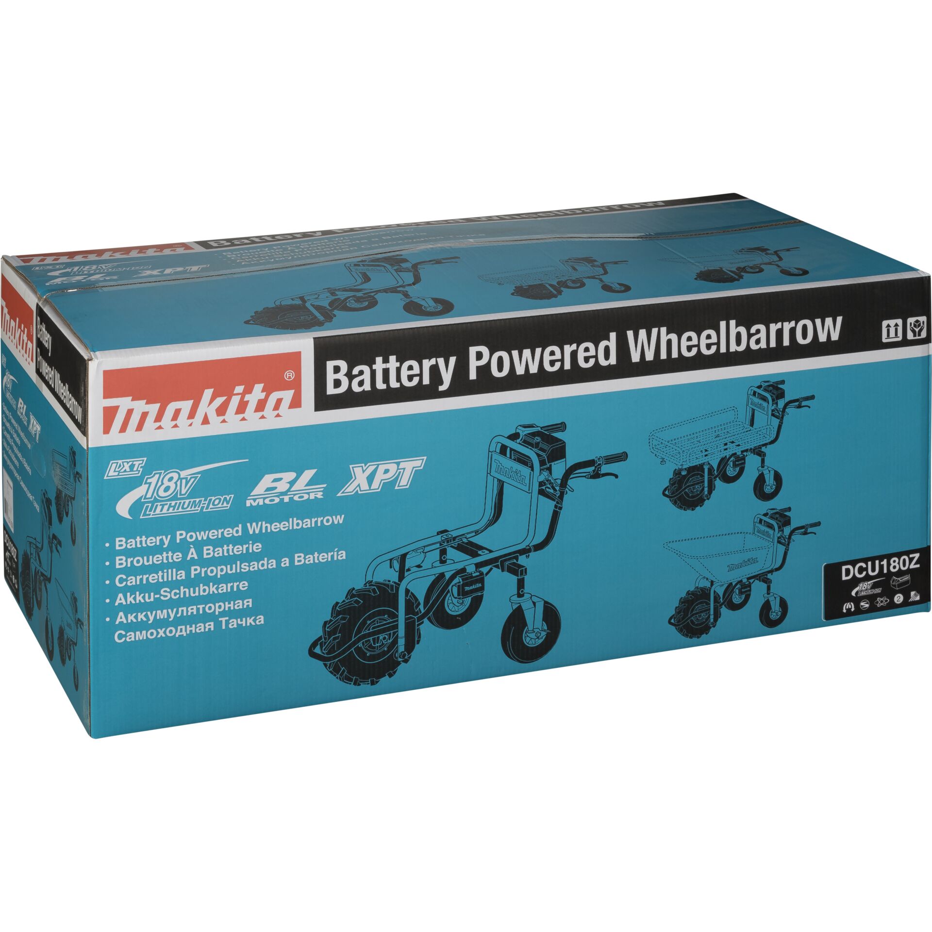 Verpackung der Makita Akku-Schubkarre DCU180Z mit BL-Motor und XPT-Technologie