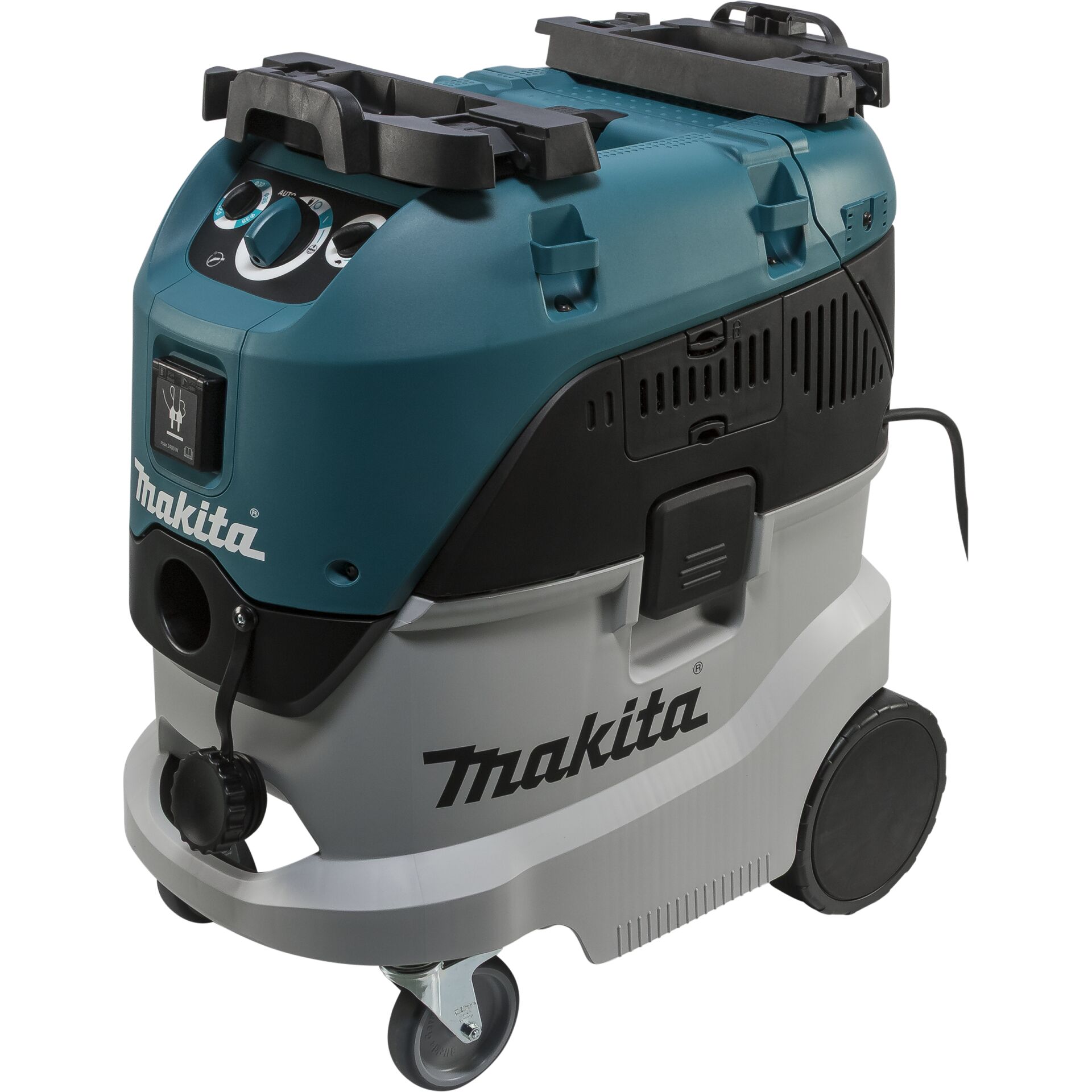 Seitliche Ansicht des Industriestaubsaugers Makita VC4210L mit blau-schwarzem Gehäuse und Rädern
