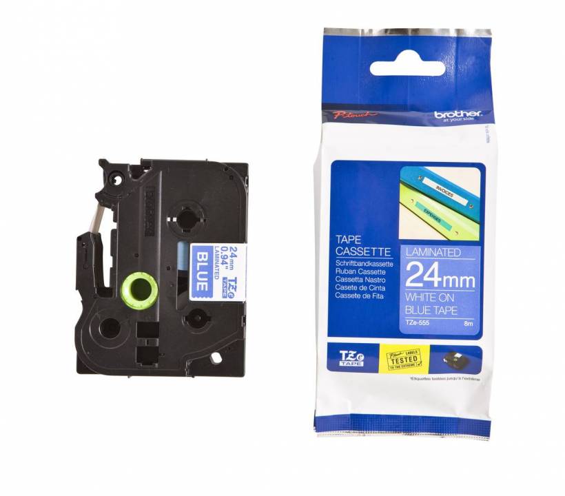Schriftband TZe-555 (lam.) Weiß auf Blau 24 mm x 8 m