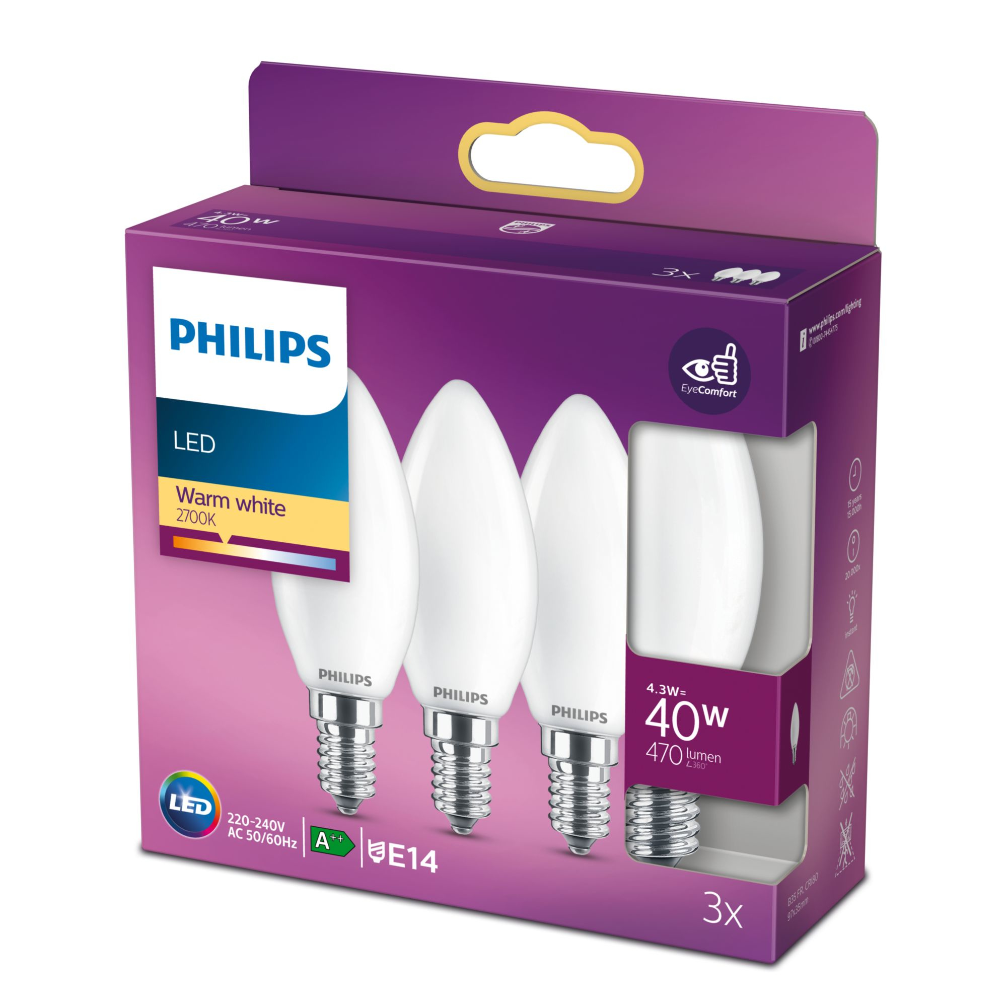 Philips LED classic Lampe 40W E14 Kerze Warmw 470lm matt 3erP 80155136_5015199196