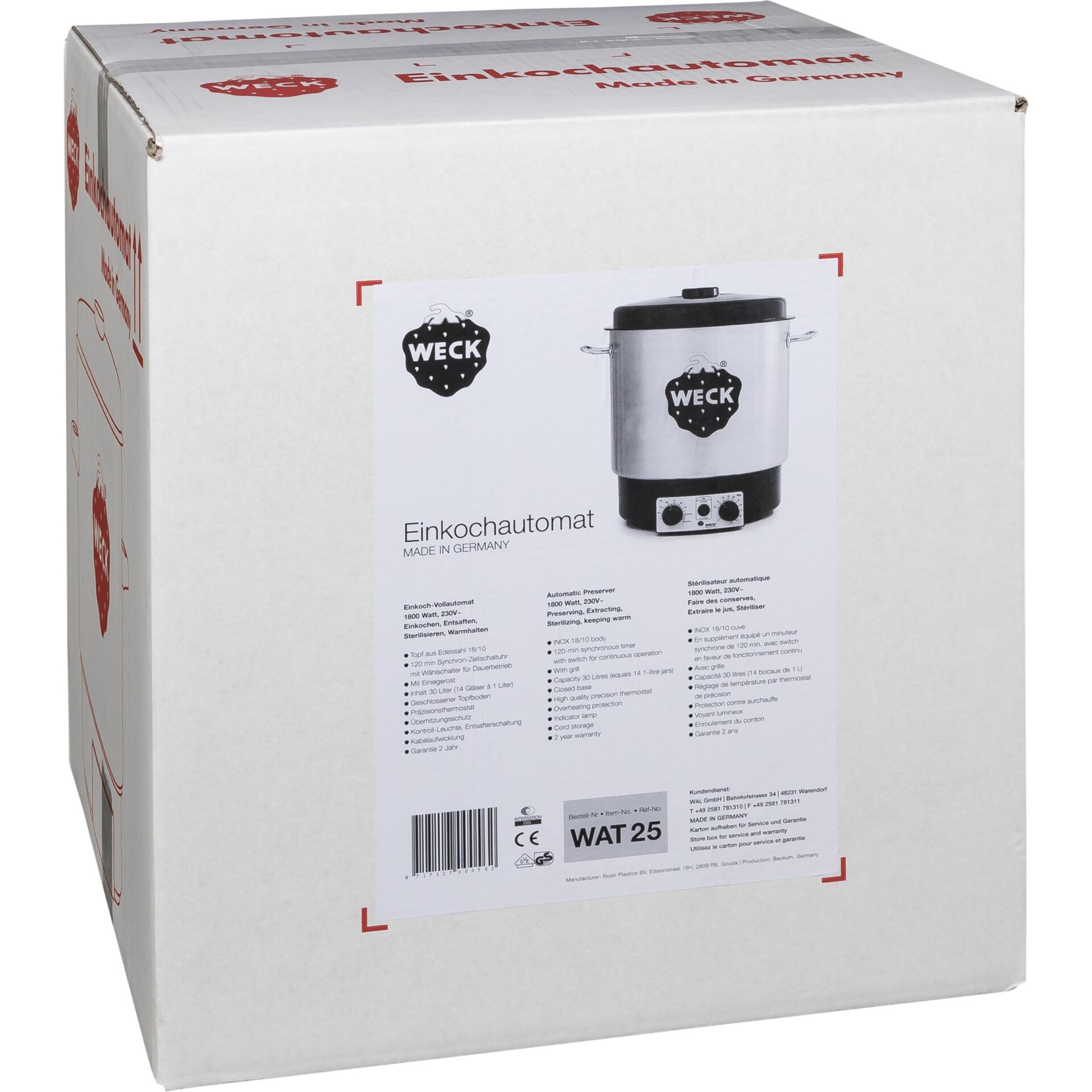 Verpackung des Weck Einkochautomat WAT 25 mit Produktdetails