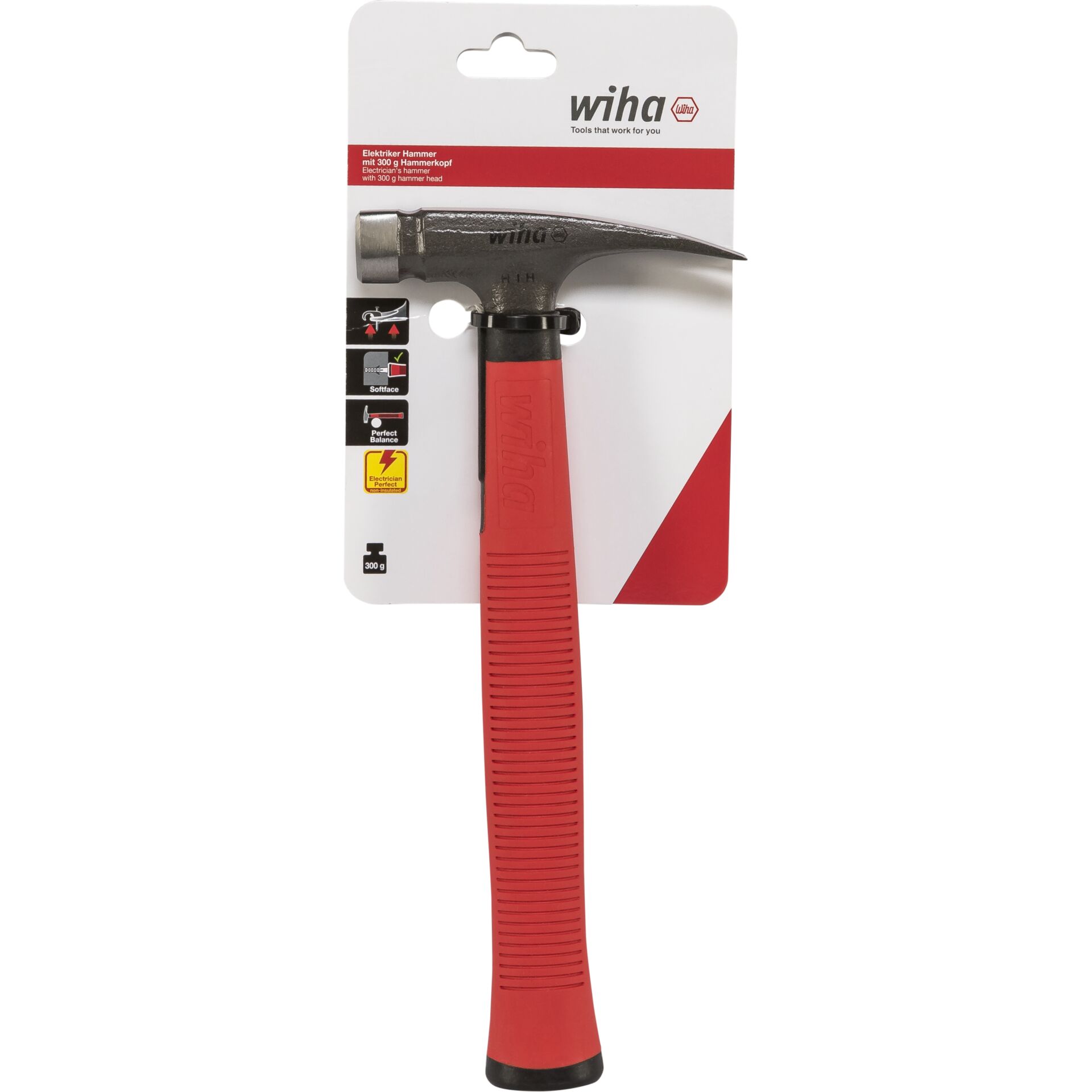 Elektrikerhammer von Wiha, 300g, mit ergonomischem rotem Griff auf Hängeverpackung