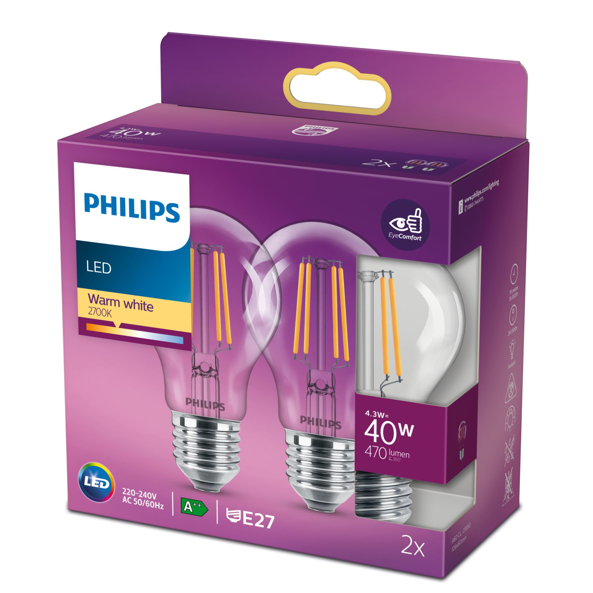 Philips LED classic Lampe 40W E27 Warmweiß 470lm klar 2erPack 79742652_1077816412