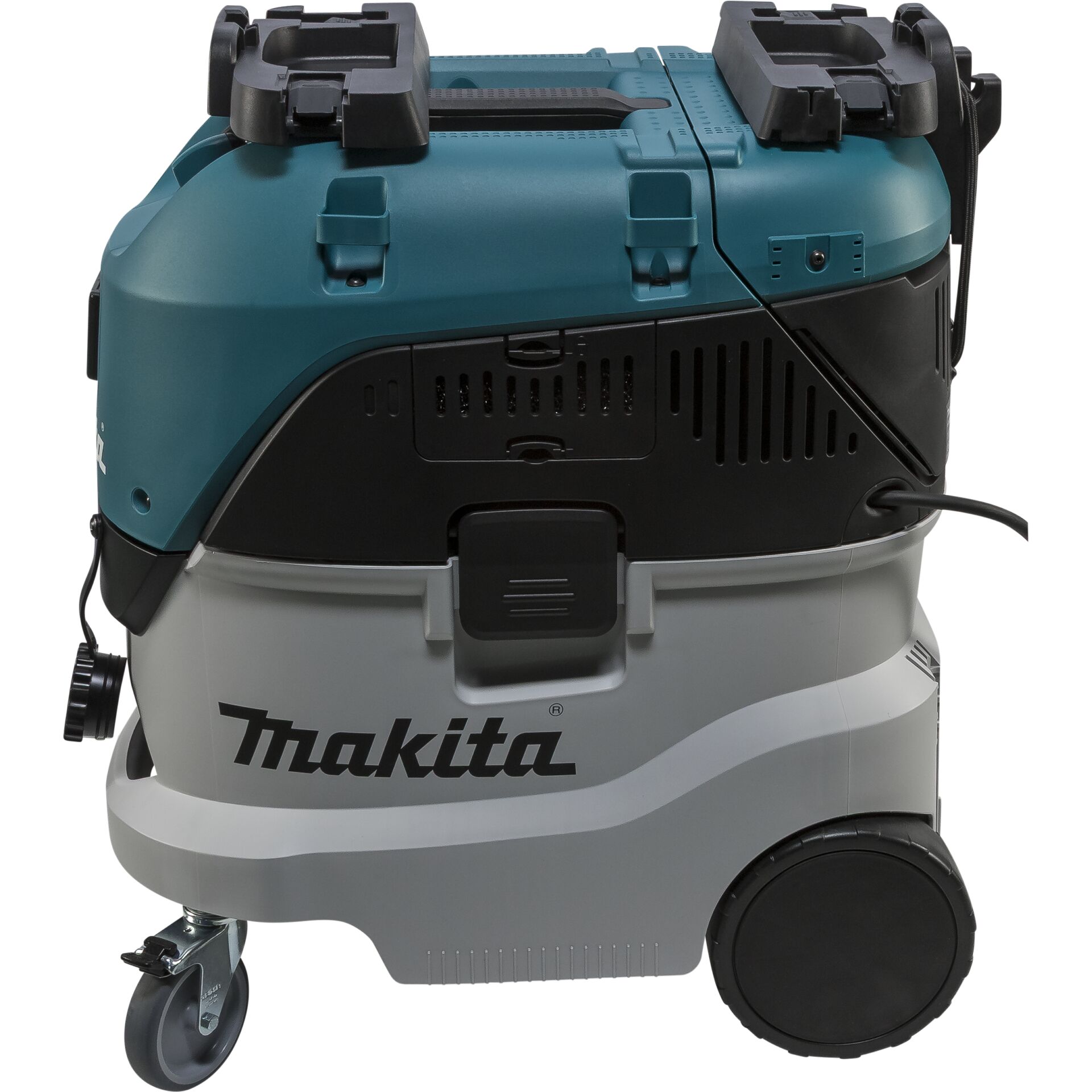 Seitenansicht eines Makita Industriestaubsaugers auf Rollen