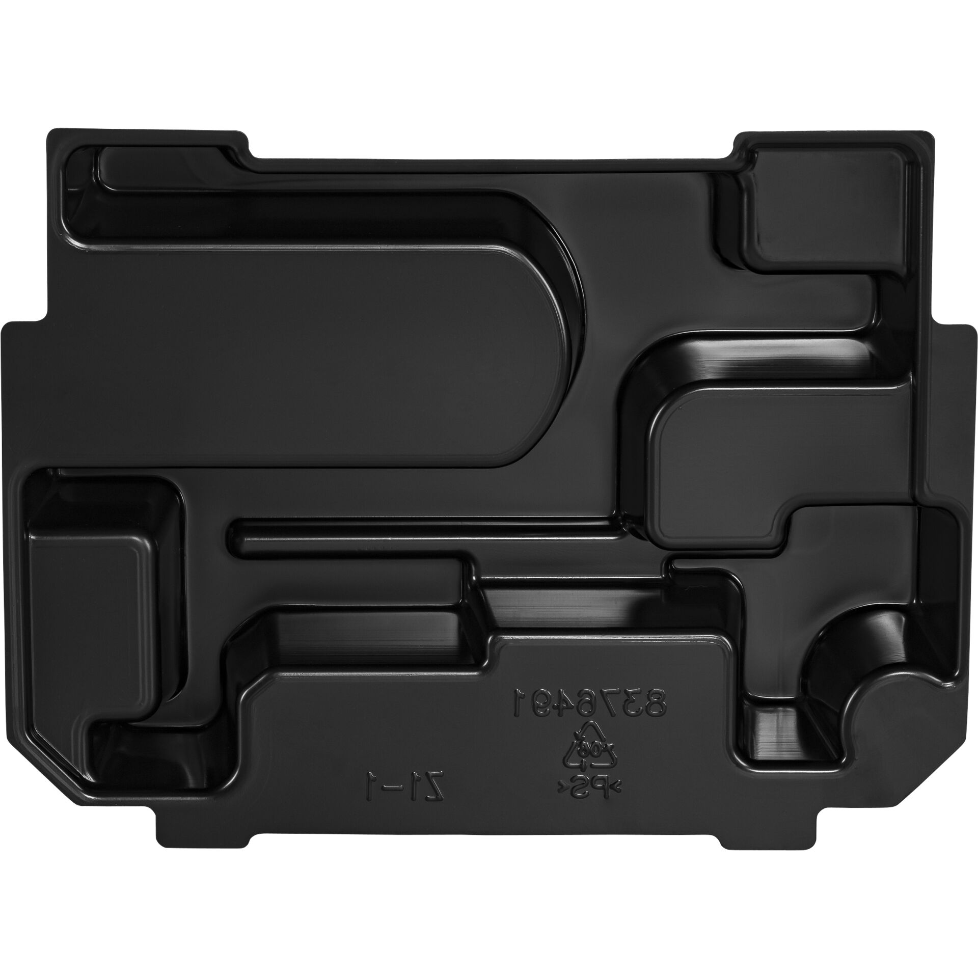 Schwarze Form aus Kunststoff mit verschiedenen Fächern zur Verpackung von Produkten.