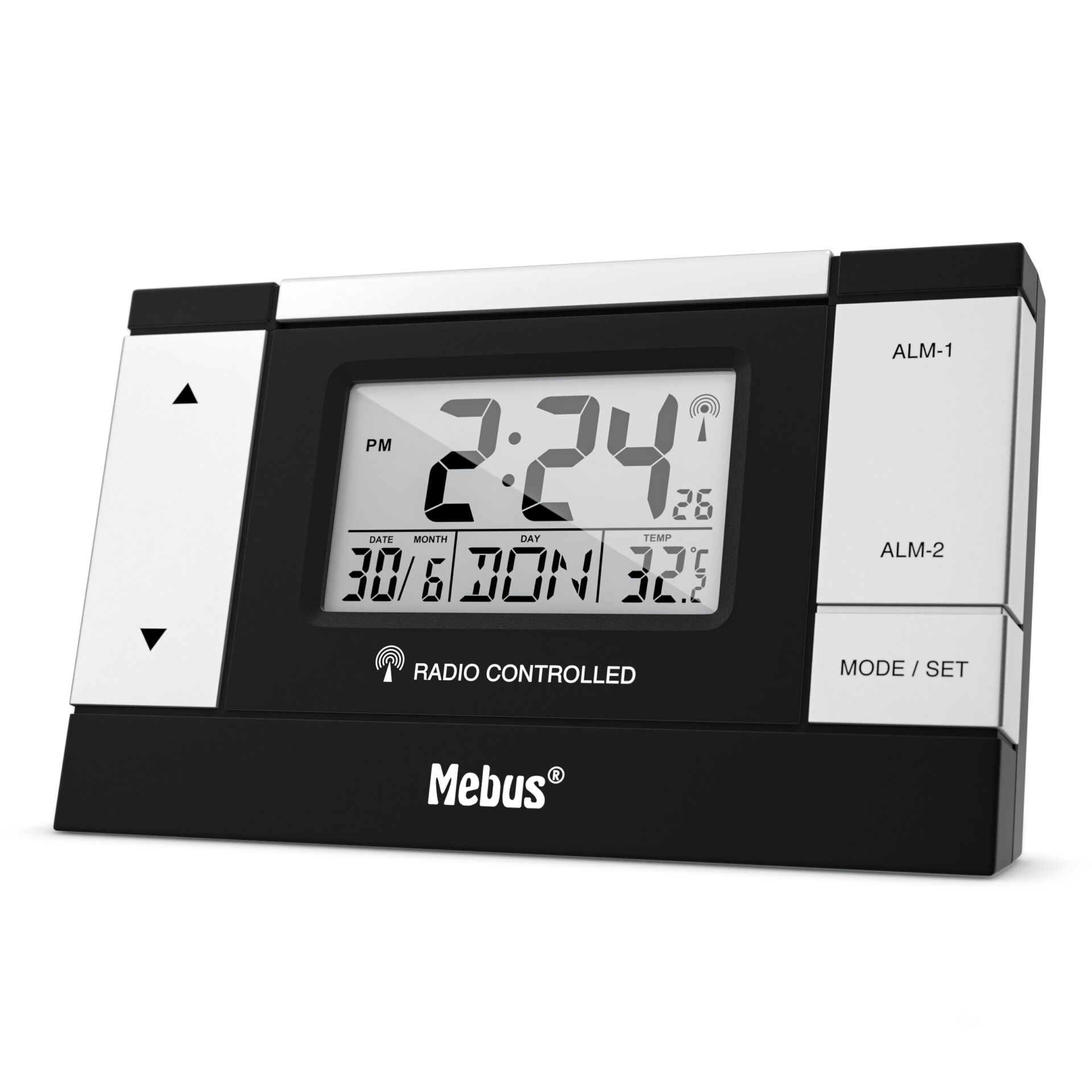Digitaler Funkwecker von Mebus mit großer Displayanzeige und Temperaturanzeige.