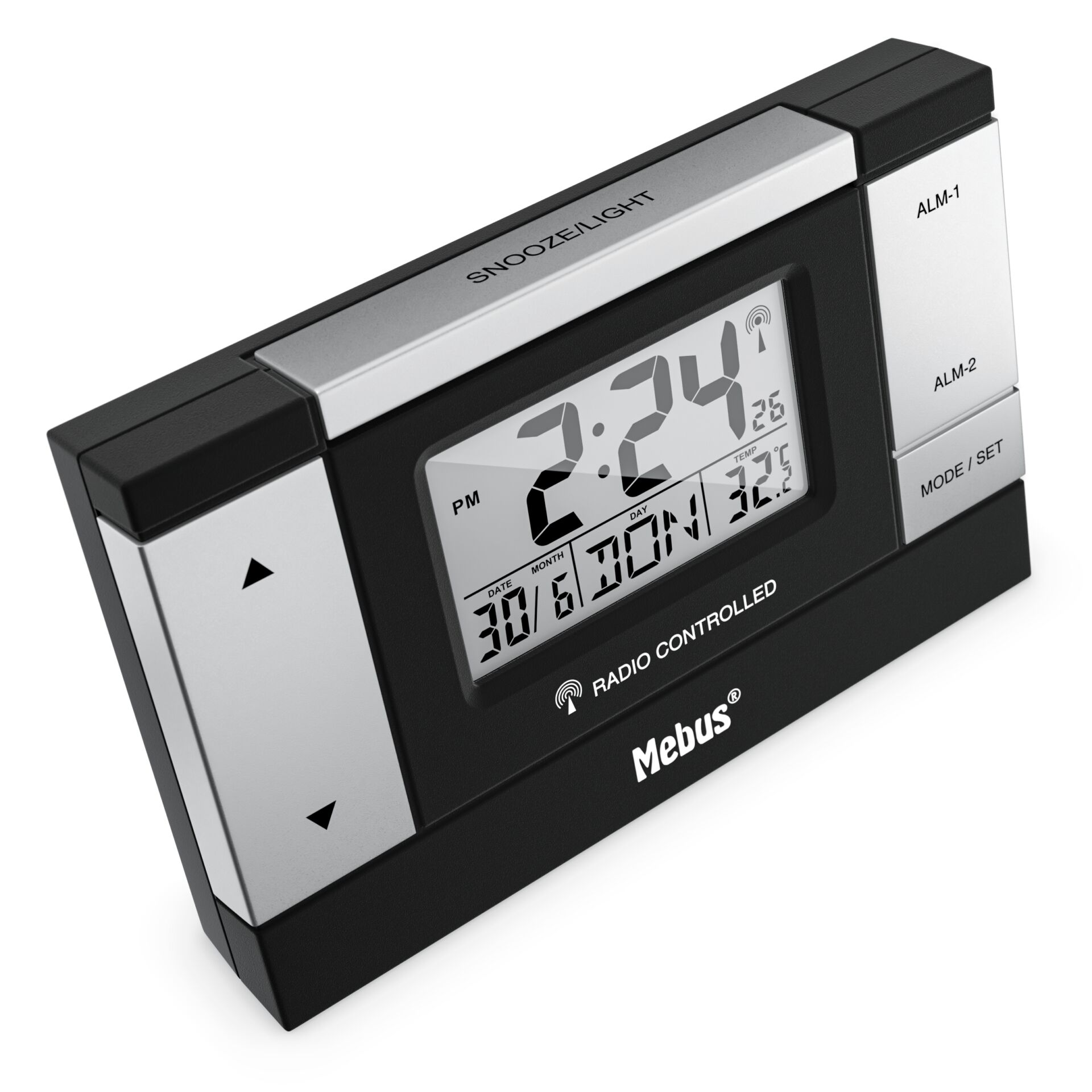 Digitaler Funkwecker in Schwarz mit großen Zahlen, Snooze-Taste und integrierter Temperaturanzeige