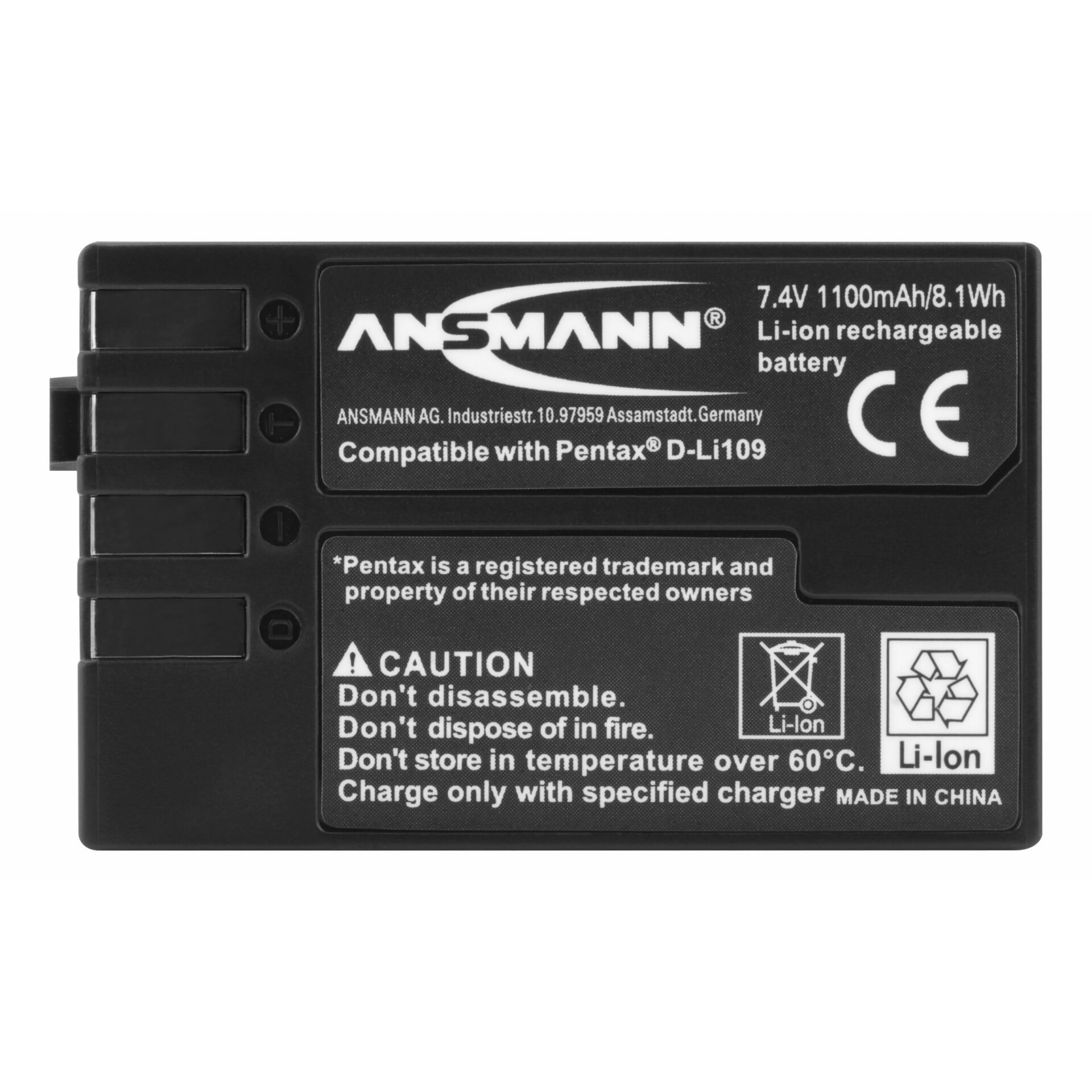 ANSMANN Li-Ion Akku für Pentax D-Li109, 7.4V 1100mAh, kompatibel, mit CE-Kennzeichnung und Vorsichtshinweisen