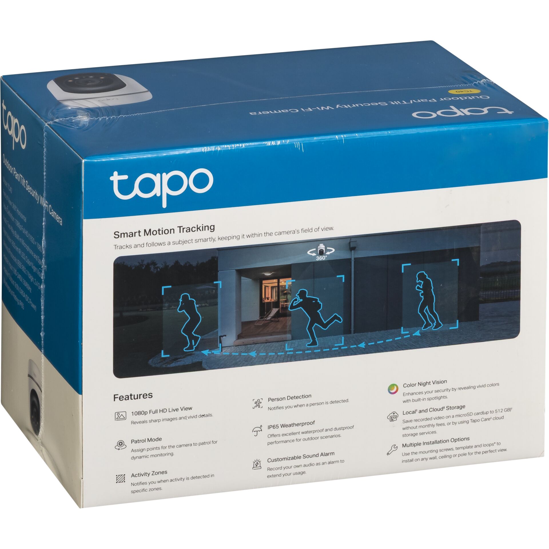 Verpackung der Tapo Outdoor Sicherheitskamera mit Funktionen wie Smart Motion Tracking, Personenerkennung und Nachtsicht