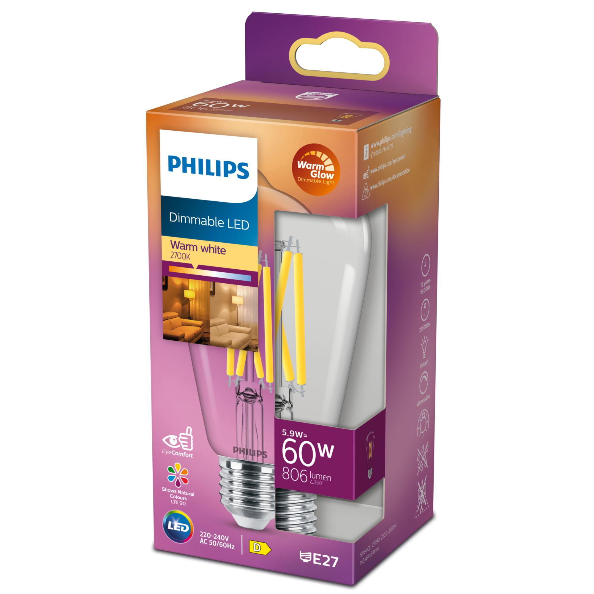 Philips LED WarmGlow Edison Lampe  60W E27 Klar dimmbar 92169125_7792286227