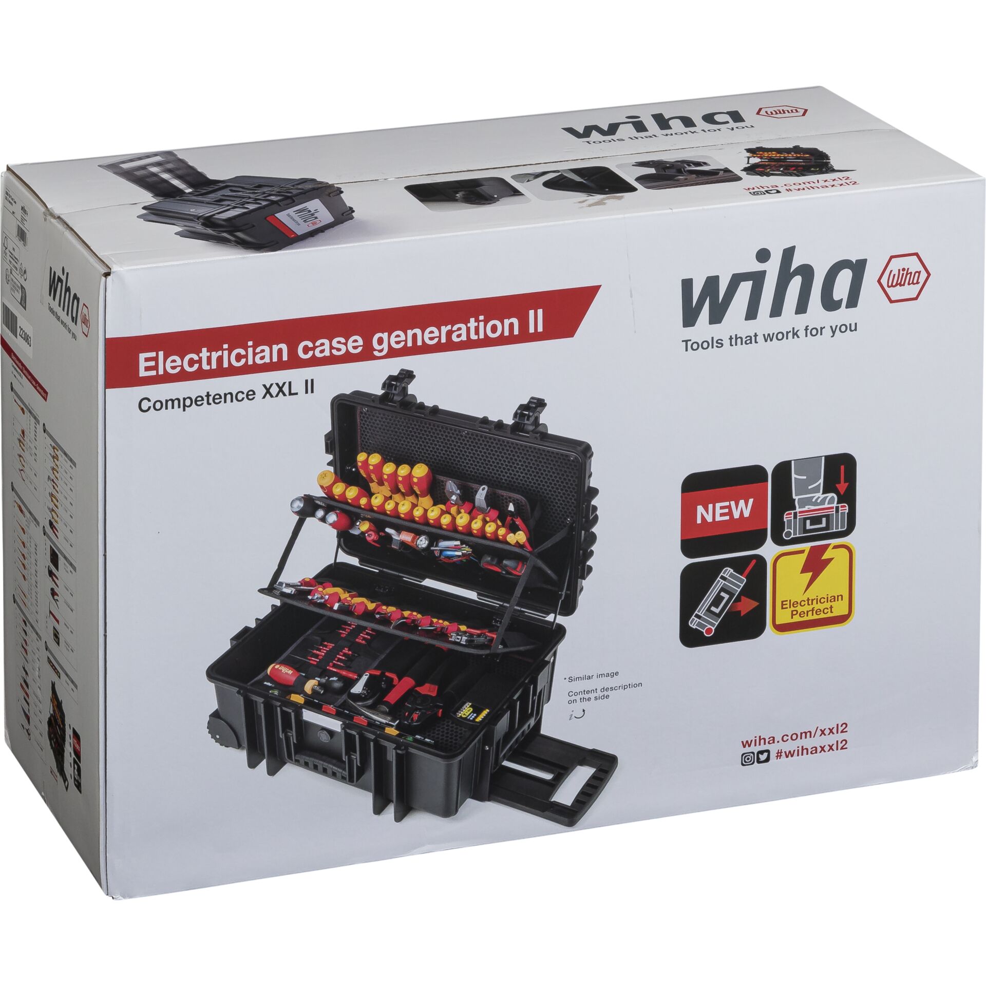 Geschlossener Karton mit Wiha Elektriker-Werkzeugkoffer Generation II, Competence XXL II mit verschiedenfarbigen Werkzeugen.