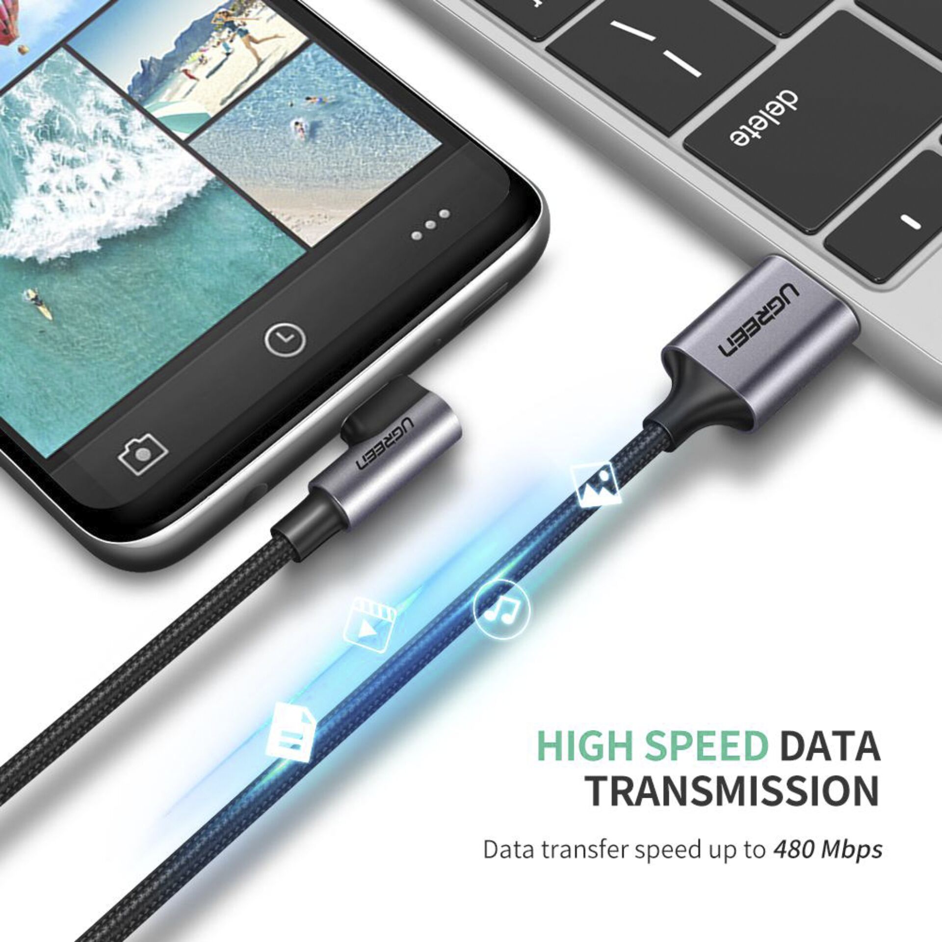 UGREEN Angled USB-C To USB-A Data Cable Black 2M 730578_02
